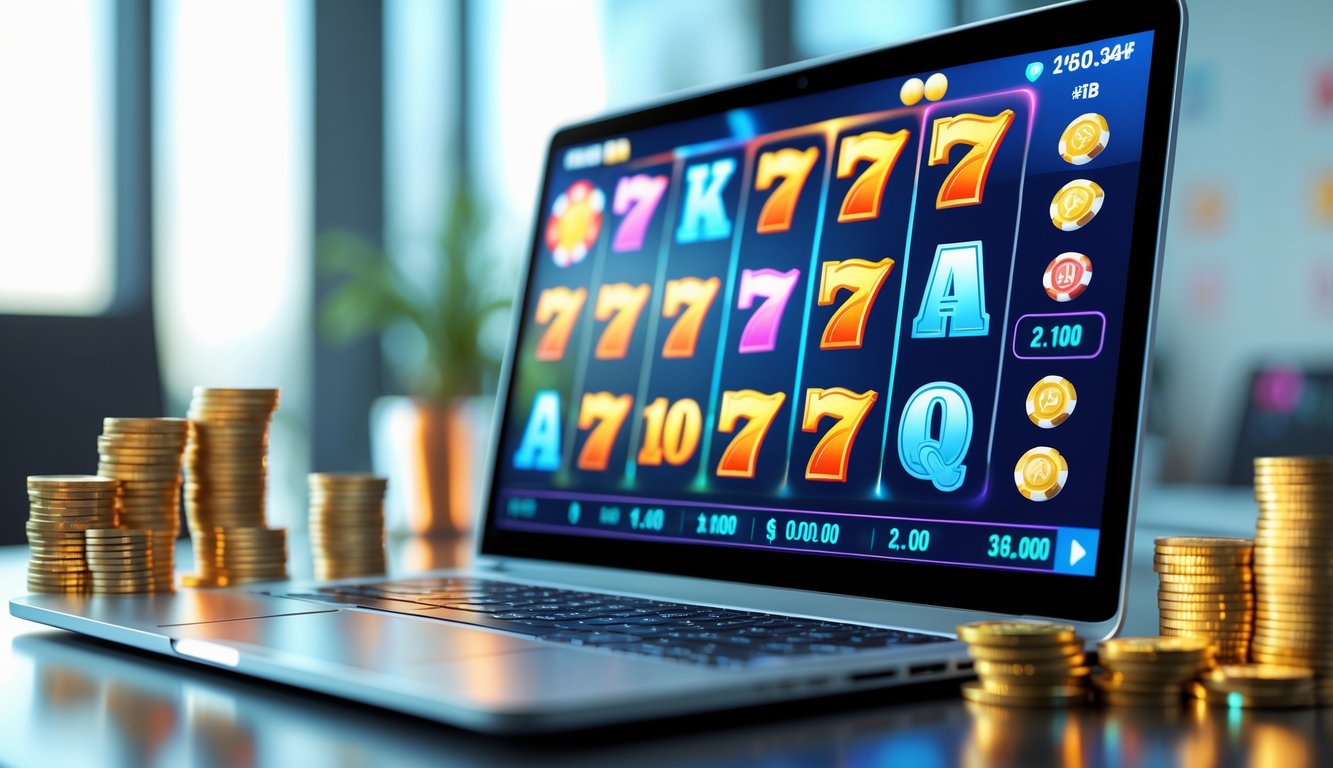 Sebuah layar komputer menampilkan permainan slot online dengan simbol berwarna-warni dan tumpukan koin di sekitarnya.