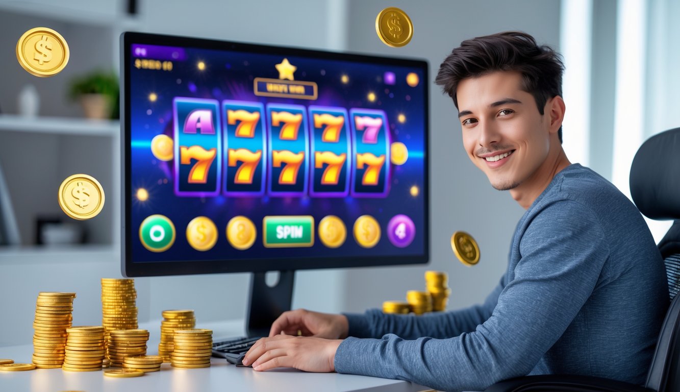 Seseorang duduk di depan komputer dengan permainan slot online yang berwarna-warni di layar, dikelilingi oleh koin emas dan chip kasino di meja.