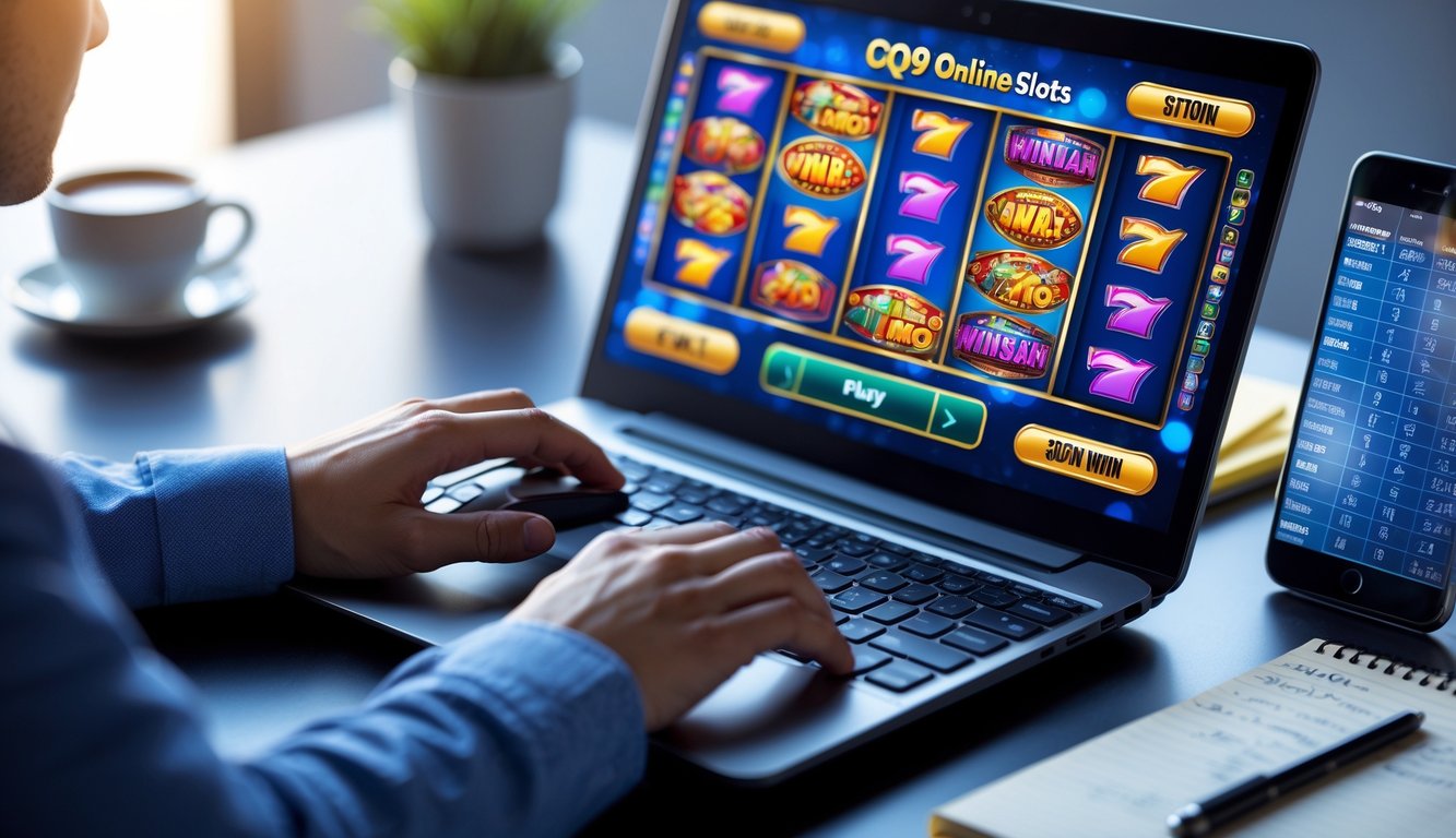 Seseorang sedang bermain permainan slot online di laptop dengan suasana kerja yang rapi dan fokus.