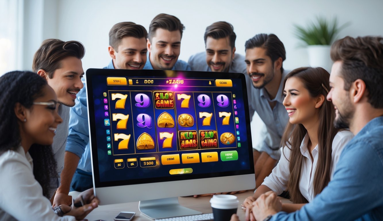 Beberapa orang fokus bermain game slot online di depan layar komputer di ruangan modern.
