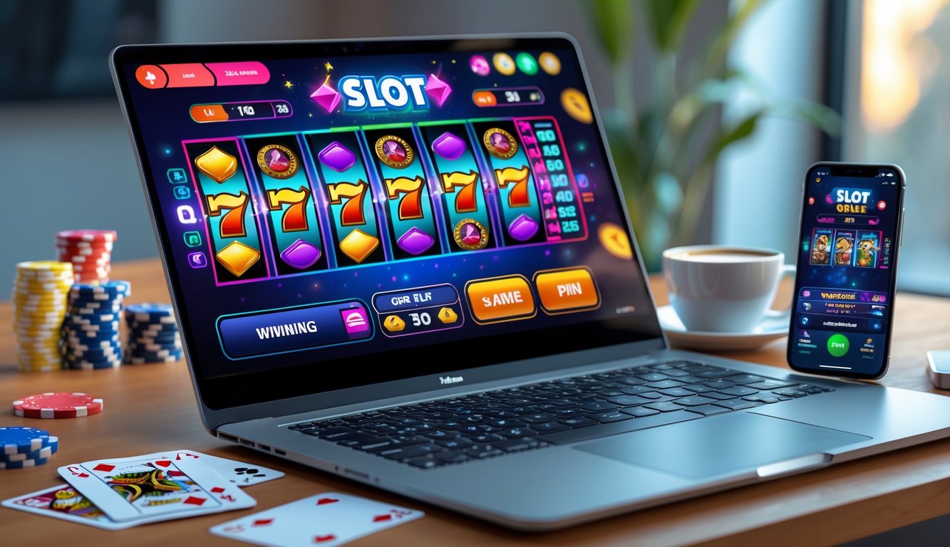 Sebuah meja kerja dengan laptop dan ponsel yang menampilkan permainan slot online, dikelilingi oleh chip kasino dan kartu remi.