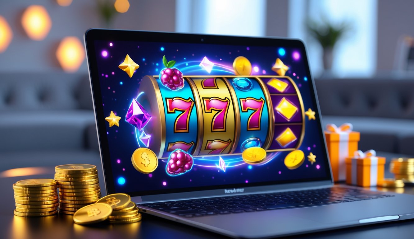 Seorang pemain sedang menggunakan komputer dengan tampilan permainan slot online yang berwarna-warni dan simbol keberuntungan di layar.