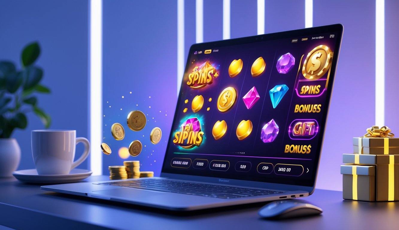 Seorang pengguna bermain permainan slot online CQ9 di komputer dengan simbol gulungan warna-warni dan elemen koin emas di meja.