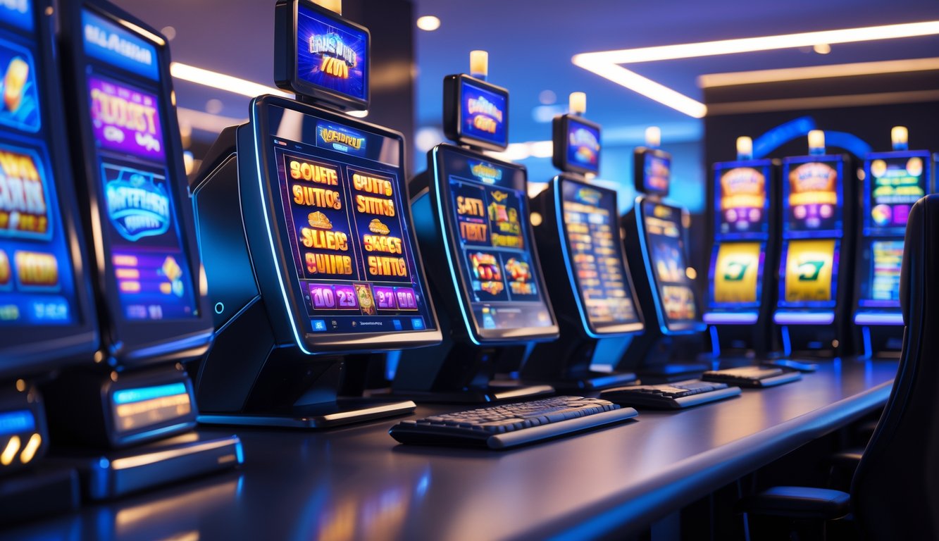 Sebuah ruang kerja modern dengan beberapa layar komputer menampilkan permainan slot online yang berwarna-warni dan suasana profesional.