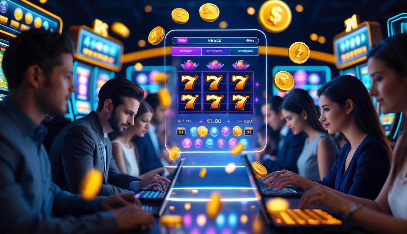Orang-orang bermain mesin slot online di lingkungan kasino digital dengan layar besar menampilkan ikon permainan slot yang berwarna-warni.
