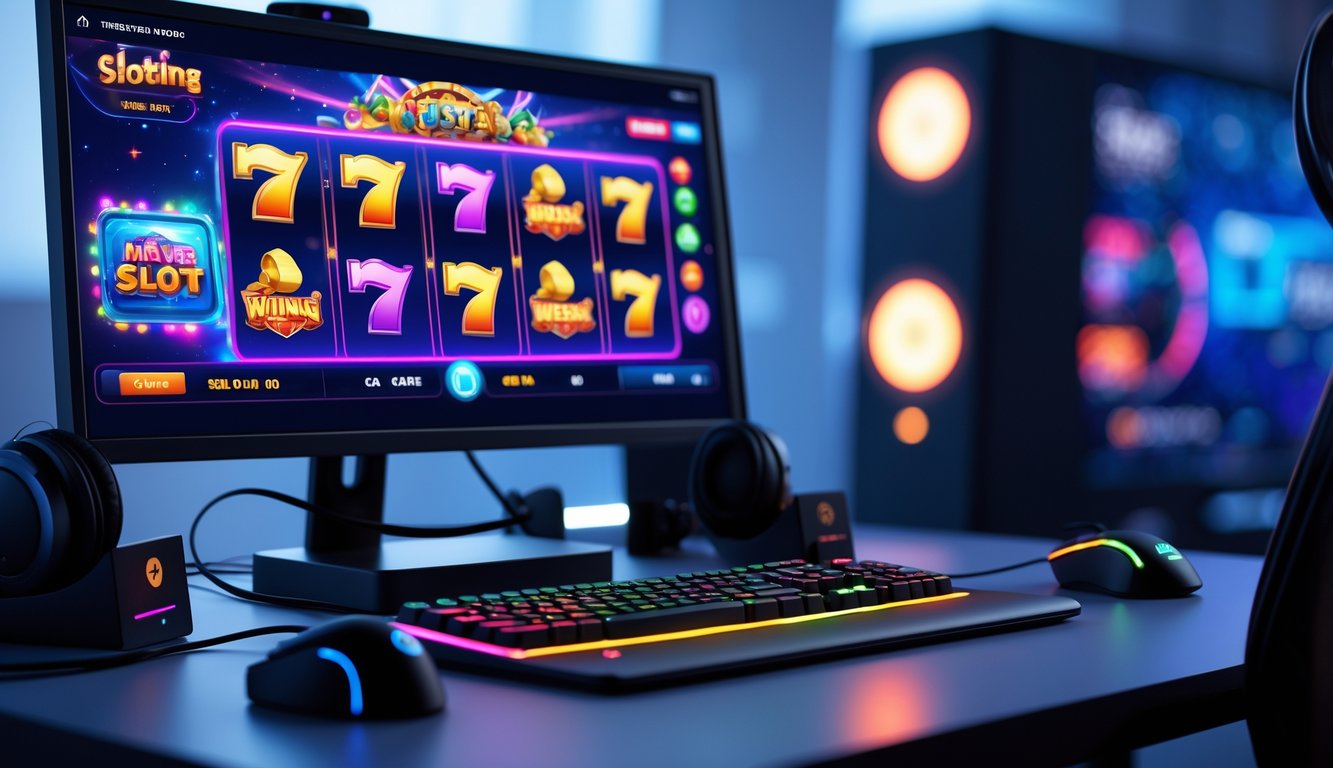Setup komputer modern dengan layar menampilkan permainan slot online yang berwarna-warni dan perangkat gaming di atas meja.