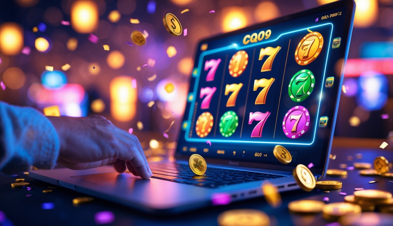 Seorang pengguna sedang bermain game slot online di komputer dengan latar belakang kasino yang terang dan penuh warna.