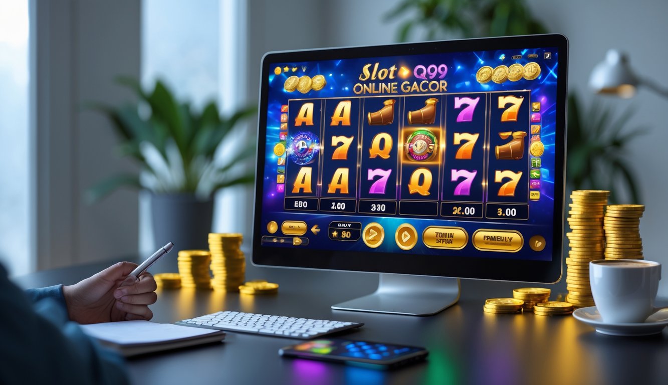 Seseorang sedang bermain permainan slot online di komputer dengan suasana fokus dan simbol kemenangan di sekitar.
