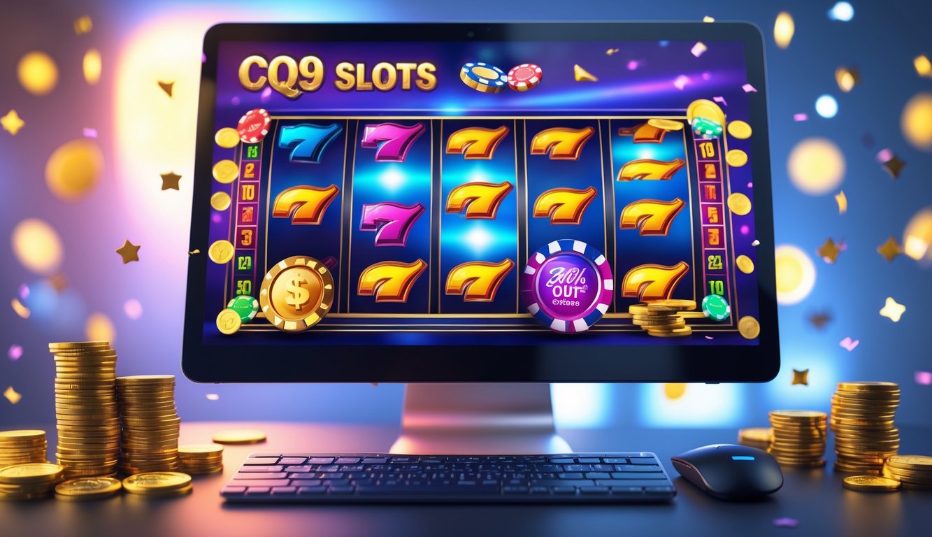 Seorang pengguna sedang bermain permainan slot online di komputer dengan latar belakang suasana ruang kerja modern dan elemen koin emas serta chip kasino di sekitar.