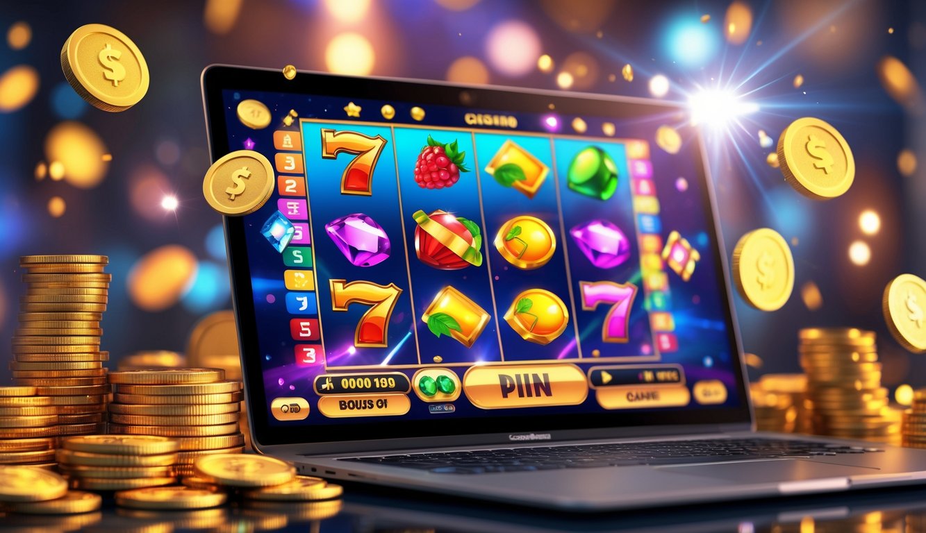 Seorang pengguna komputer bermain permainan slot online dengan layar penuh warna dan tumpukan koin emas di sekitarnya.