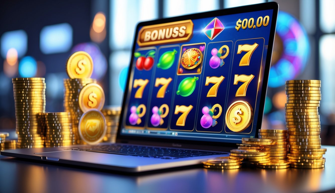 Sebuah layar komputer menampilkan permainan slot online dengan simbol warna-warni dan koin emas di sekitarnya.