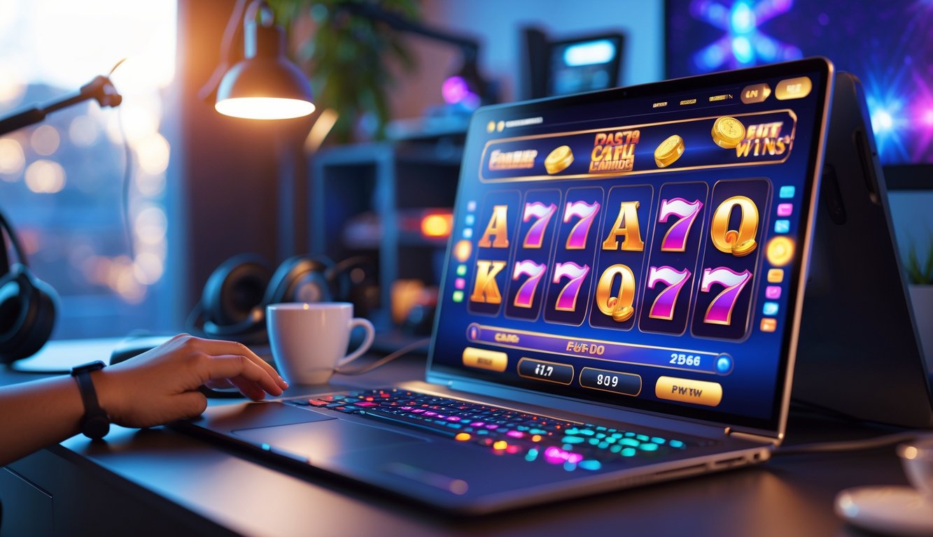 Seorang pemain sedang menggunakan komputer dengan permainan slot online yang berwarna-warni di layar, di ruang kerja yang nyaman dan modern.