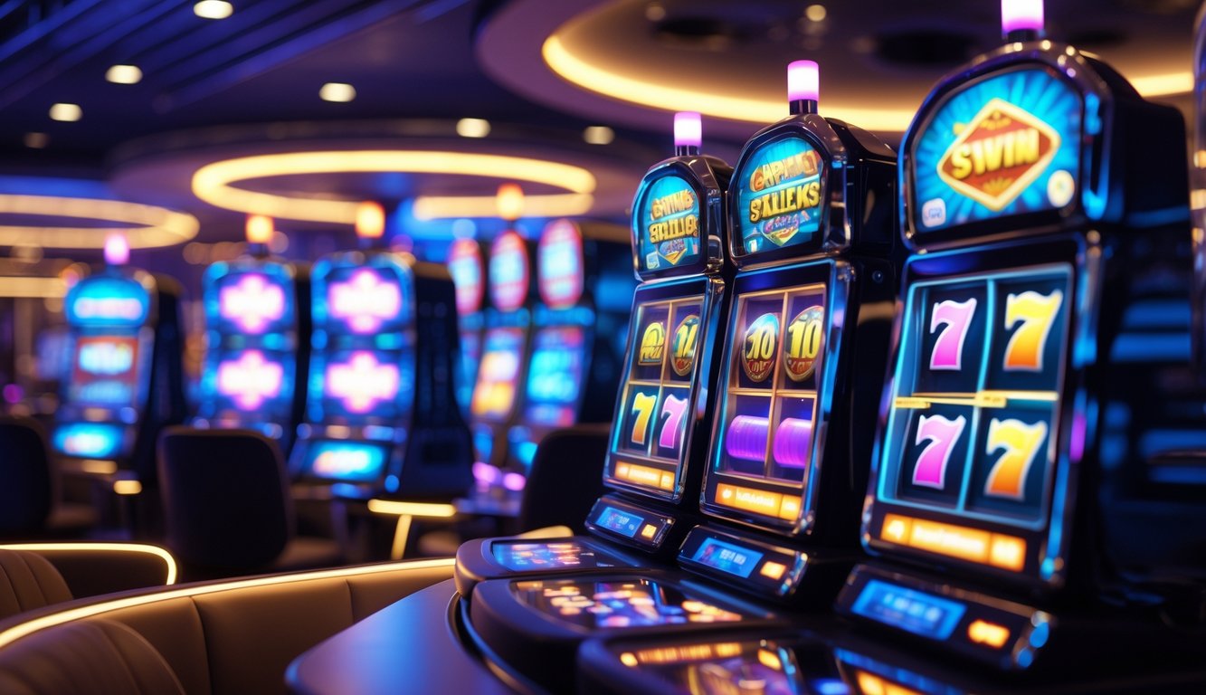 Suasana ruang permainan kasino online dengan layar mesin slot berwarna cerah dan efek cahaya yang dinamis.