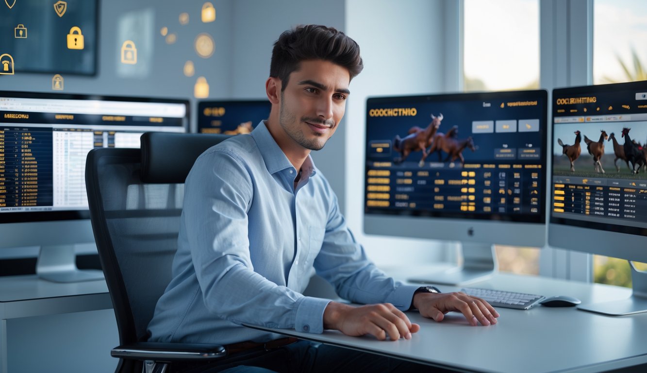 Seorang pria muda duduk di depan komputer dengan beberapa layar yang menampilkan pertandingan sabung ayam secara online dalam ruangan yang terang dan modern.