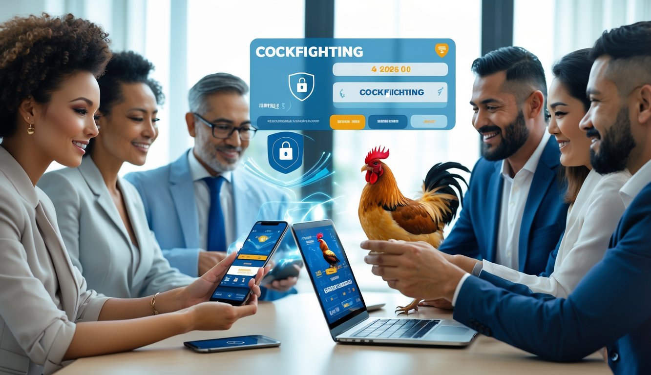 Sekelompok orang menggunakan perangkat digital untuk taruhan sabung ayam online dalam suasana modern dan aman.