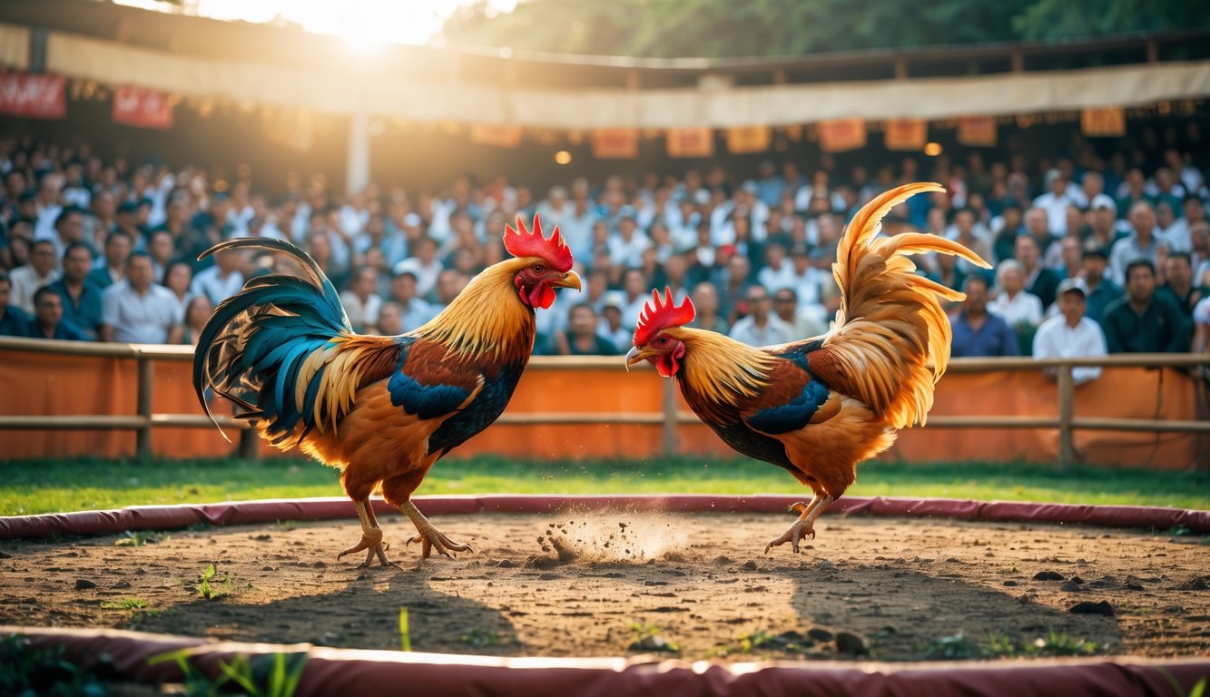 Kerumunan orang menonton pertandingan sabung ayam di arena terbuka dengan dua ayam jago sedang bertarung di tengah.