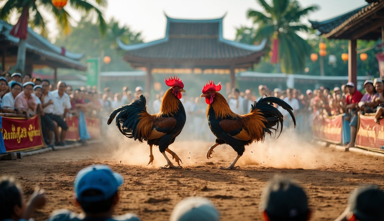 Kerumunan orang yang menonton dua ayam aduan bertarung di arena terbuka dengan suasana cerah dan penuh semangat.