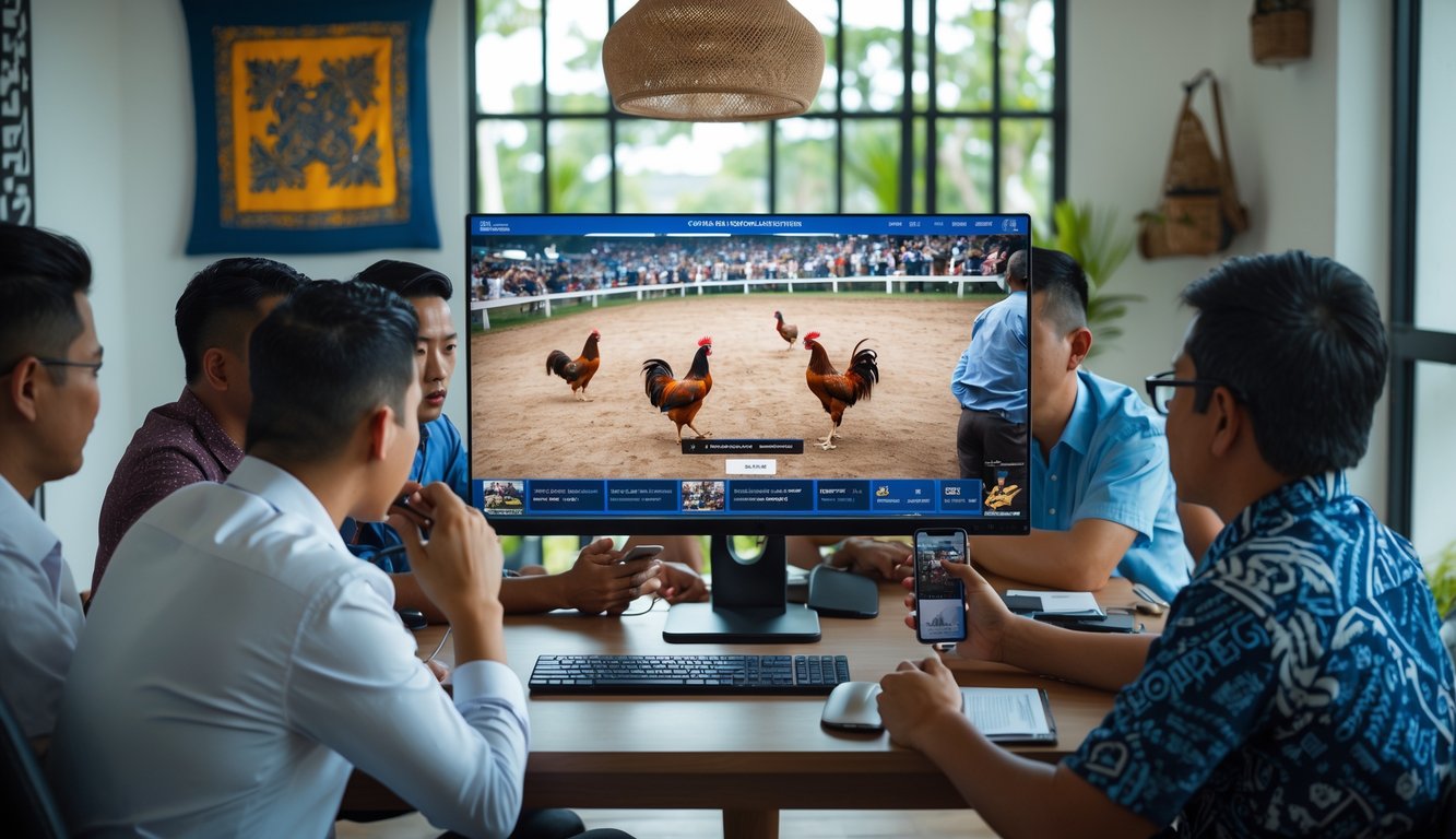 Beberapa pria Indonesia menonton siaran langsung sabung ayam di komputer di dalam ruangan dengan dekorasi batik.