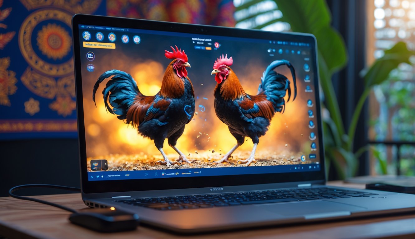 Seorang pria menggunakan laptop menonton siaran langsung sabung ayam dengan dua ayam jago bertarung di layar, latar belakang menampilkan elemen budaya Indonesia.