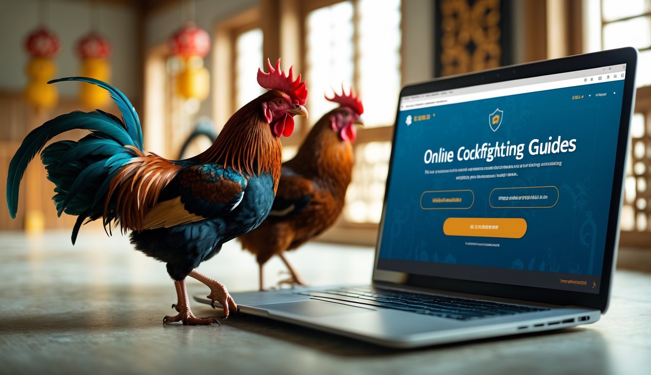 Dua ayam jago sedang bertarung dengan latar belakang laptop yang menampilkan situs taruhan online yang aman.