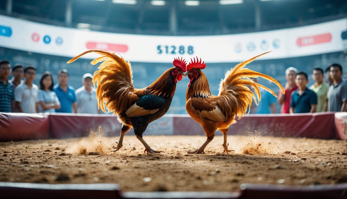 Adegan sabung ayam dengan dua ayam jantan bertarung di arena dikelilingi penonton yang fokus memperhatikan.