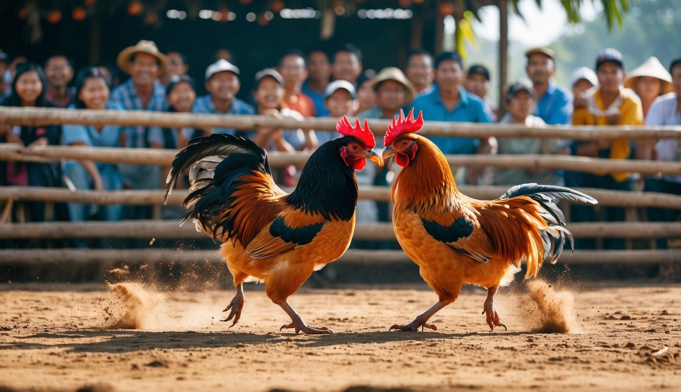 Dua ayam jago sedang bertarung di arena sabung ayam dengan penonton yang antusias di latar belakang.