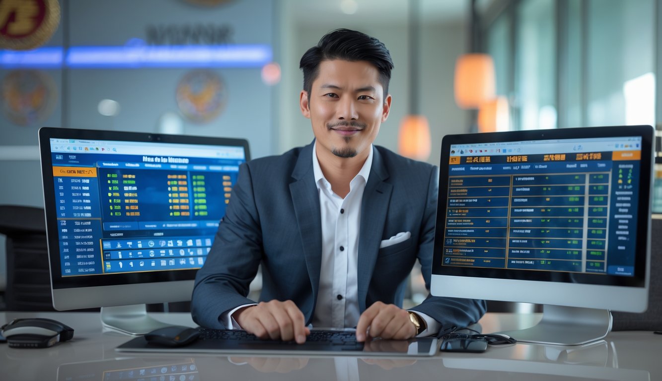 Seorang pria duduk di meja dengan beberapa perangkat digital yang menampilkan hasil taruhan, terlihat percaya diri dan fokus.