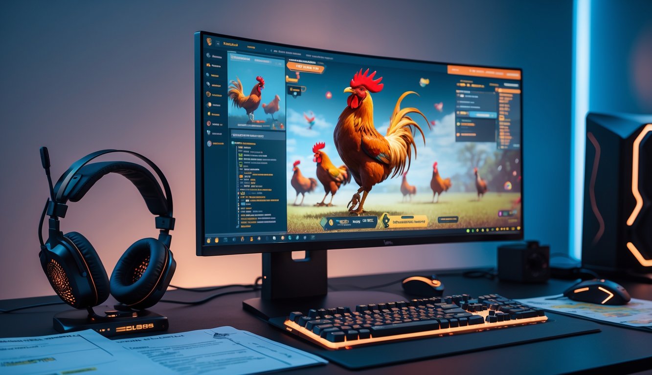 Seorang pria duduk di depan komputer dengan layar menampilkan permainan sabung ayam virtual, dikelilingi oleh aksesori gaming dan catatan strategi di meja.