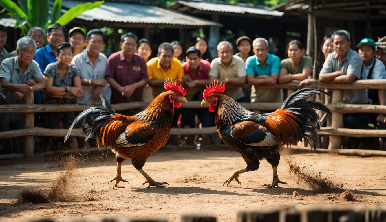 Dua ayam aduan sedang bertarung di arena terbuka dengan penonton yang memperhatikan di latar belakang.