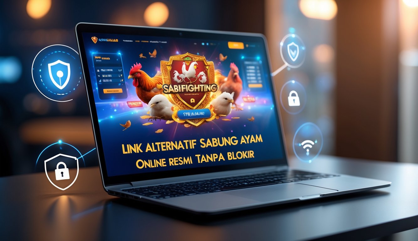 Seorang pengguna laptop sedang mengakses situs resmi sabung ayam online dengan tampilan antarmuka yang jelas dan elemen keamanan digital di sekitar perangkat.