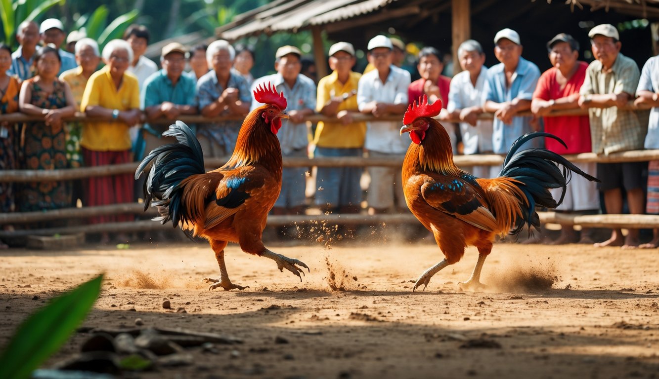 Pertandingan sabung ayam tradisional dengan dua ayam bertarung di arena terbuka dan penonton yang antusias mengelilingi mereka.