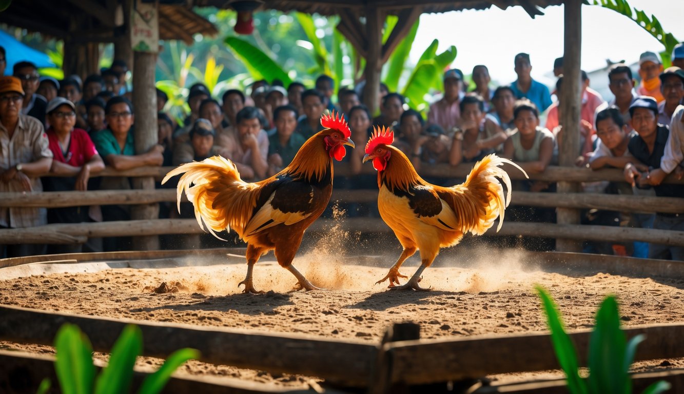 Dua ayam jago sedang bertarung di arena sabung ayam dengan penonton yang memperhatikan di sekitarnya.