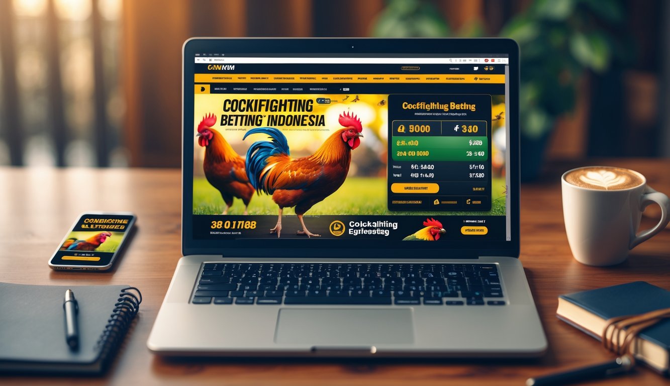 Seorang pengguna laptop sedang melihat situs taruhan sabung ayam online di sebuah meja dengan smartphone dan secangkir kopi di sampingnya.
