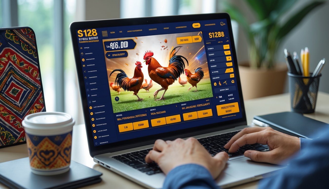 Seseorang menggunakan komputer dengan tampilan situs taruhan sabung ayam di layar, dikelilingi elemen budaya Indonesia.