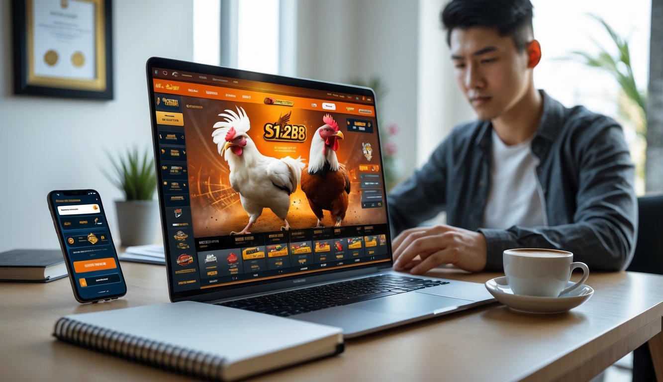 Seorang pria muda sedang menggunakan laptop di meja kerja dengan layar menampilkan permainan sabung ayam online, suasana ruangan rapi dan terang.