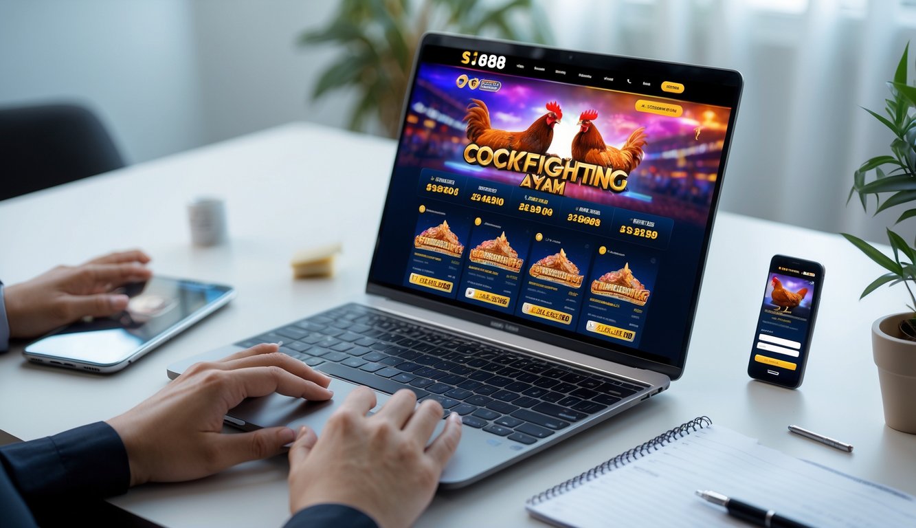 Seorang pengguna sedang mendaftar dan bermain sabung ayam secara online menggunakan laptop dan ponsel di meja kerja yang rapi.