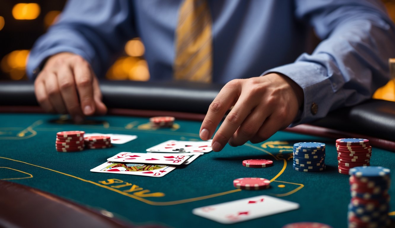 Seorang pemula sedang belajar strategi hit dan stand dalam permainan blackjack di meja kasino dengan kartu dan chip poker.