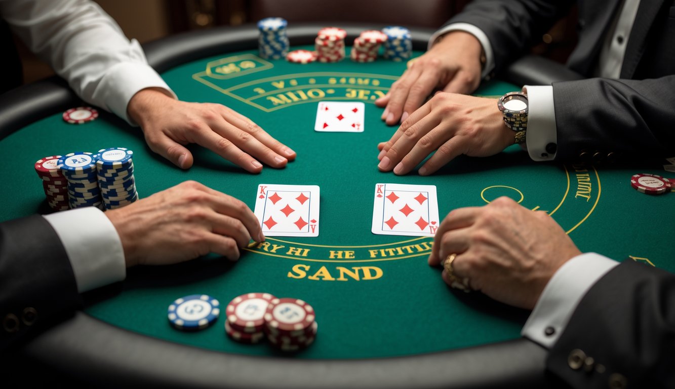 Meja blackjack dengan kartu dan tumpukan chip, menunjukkan momen keputusan antara hit dan stand.