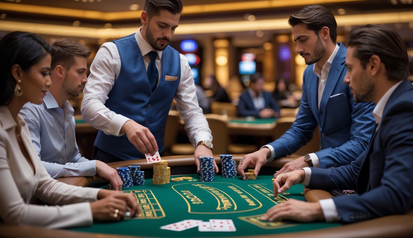 Meja blackjack di kasino dengan dealer dan pemain yang sedang bermain kartu, suasana fokus dan penuh perhatian.