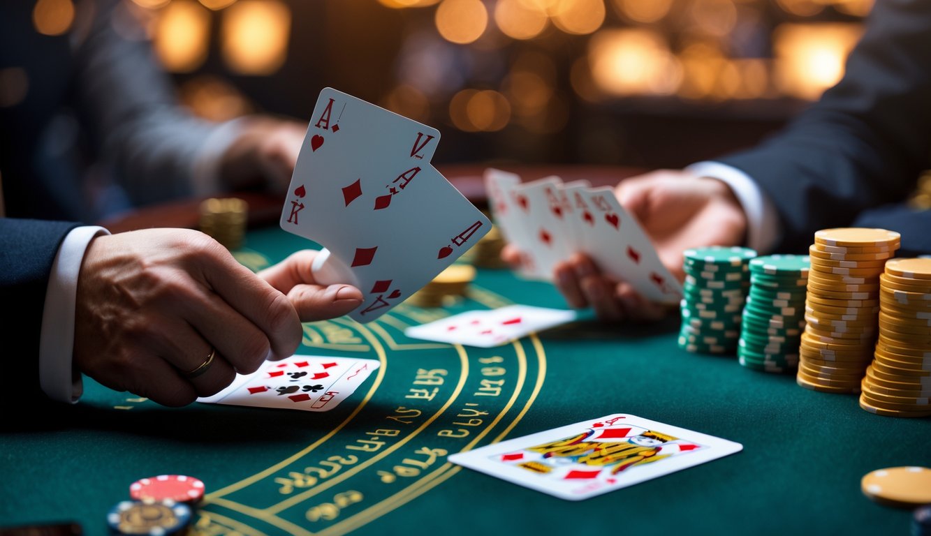 Tangan pemain memegang kartu blackjack di meja kasino dengan tumpukan chip dan tangan dealer yang siap membagikan kartu berikutnya.