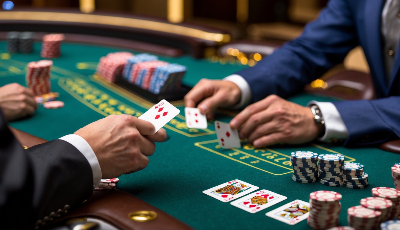 Meja blackjack di kasino dengan dealer dan pemain yang sedang bermain kartu, menampilkan strategi hit dan stand.