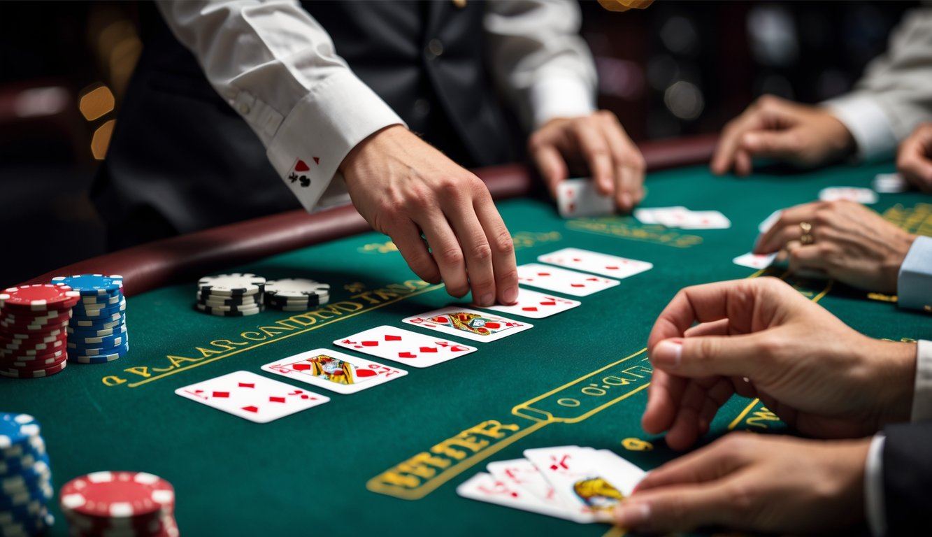 Meja blackjack di kasino dengan tangan dealer membagikan kartu kepada pemain yang sedang bermain.