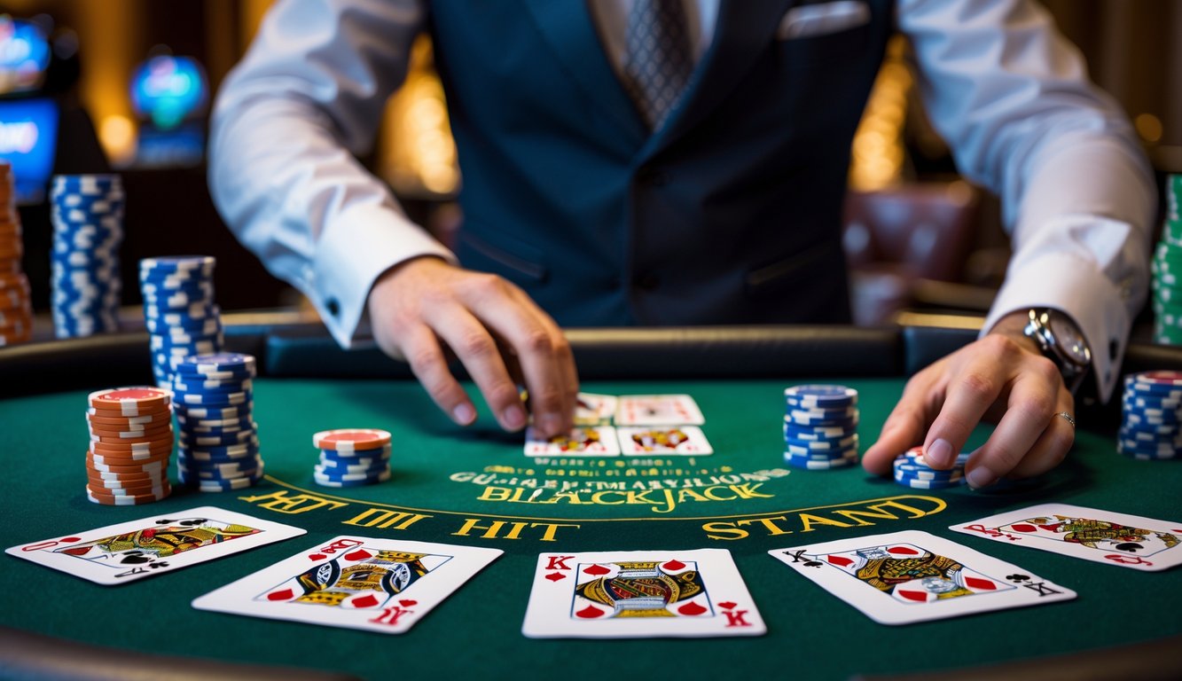 Meja blackjack di kasino dengan kartu dan chip, tangan dealer siap melayani pemain.