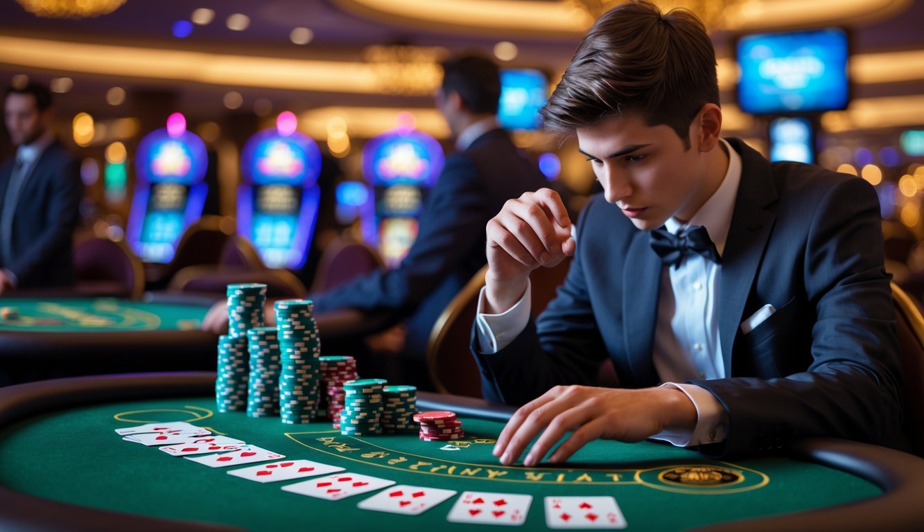 Seorang pemain blackjack sedang fokus di meja kasino dengan kartu dan chip di depan, di lingkungan kasino yang ramai.