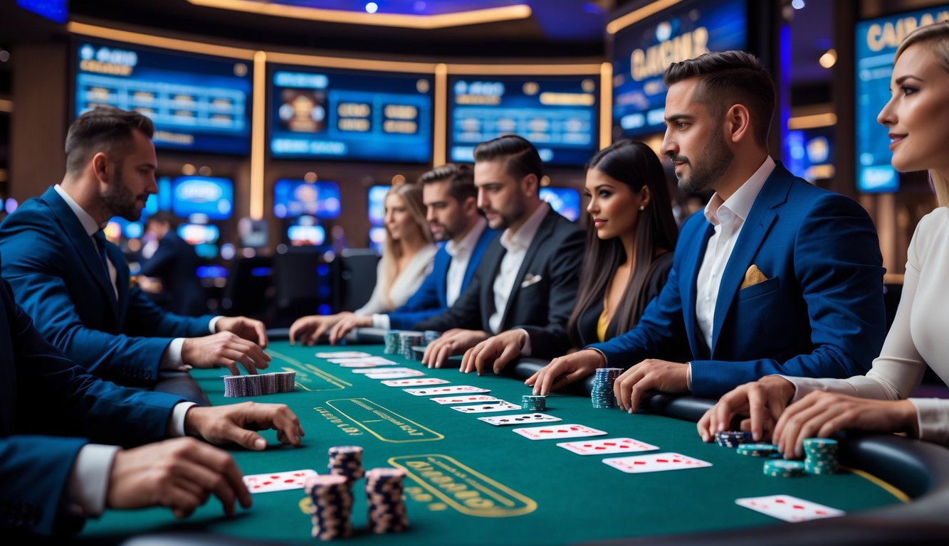 Beberapa pemain sedang bermain blackjack di meja kasino dengan kartu dan chip, di latar belakang layar digital menampilkan permainan kasino langsung dan online.