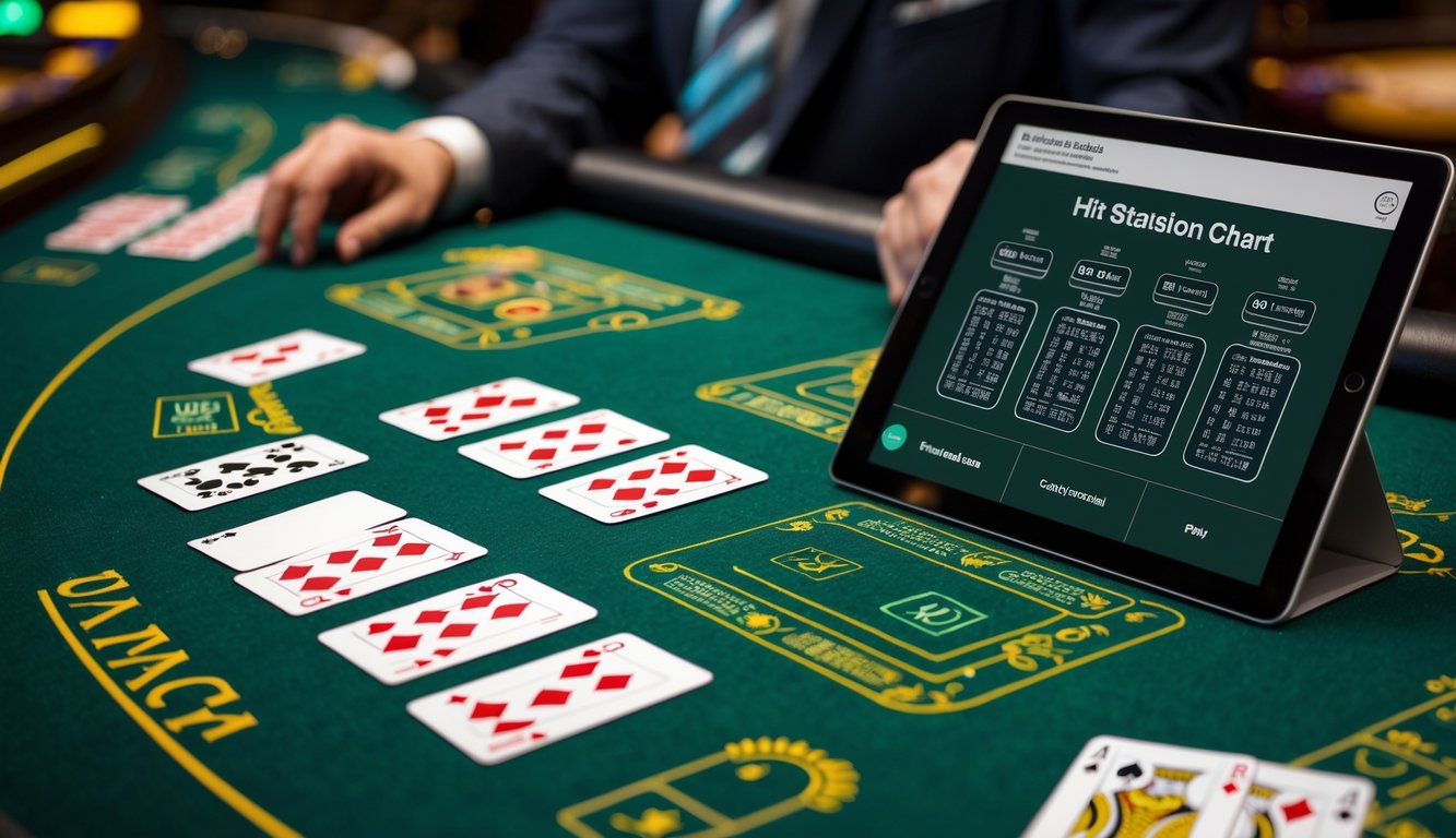 Meja blackjack dengan kartu dan panduan strategi hit dan stand yang disusun rapi.