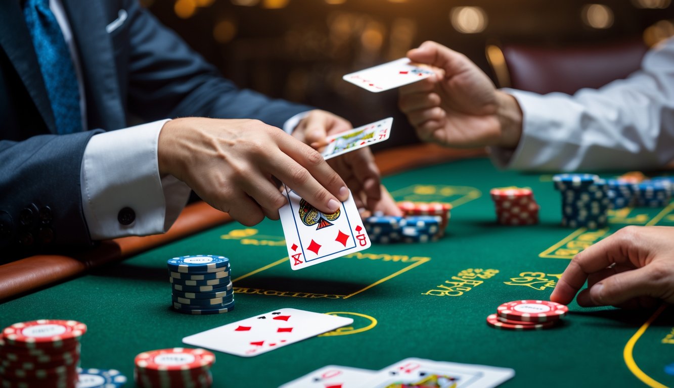 Sebuah meja blackjack dengan tangan pemain memegang kartu dan tumpukan chip di kasino.