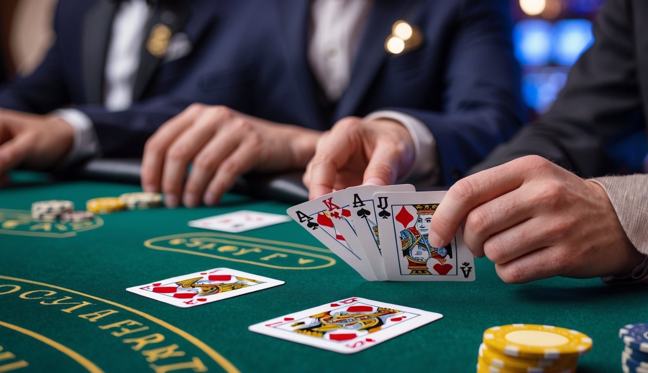 Meja blackjack dengan dealer dan pemain yang sedang bermain, menampilkan tangan yang memegang kartu dan tumpukan chip di atas meja hijau.