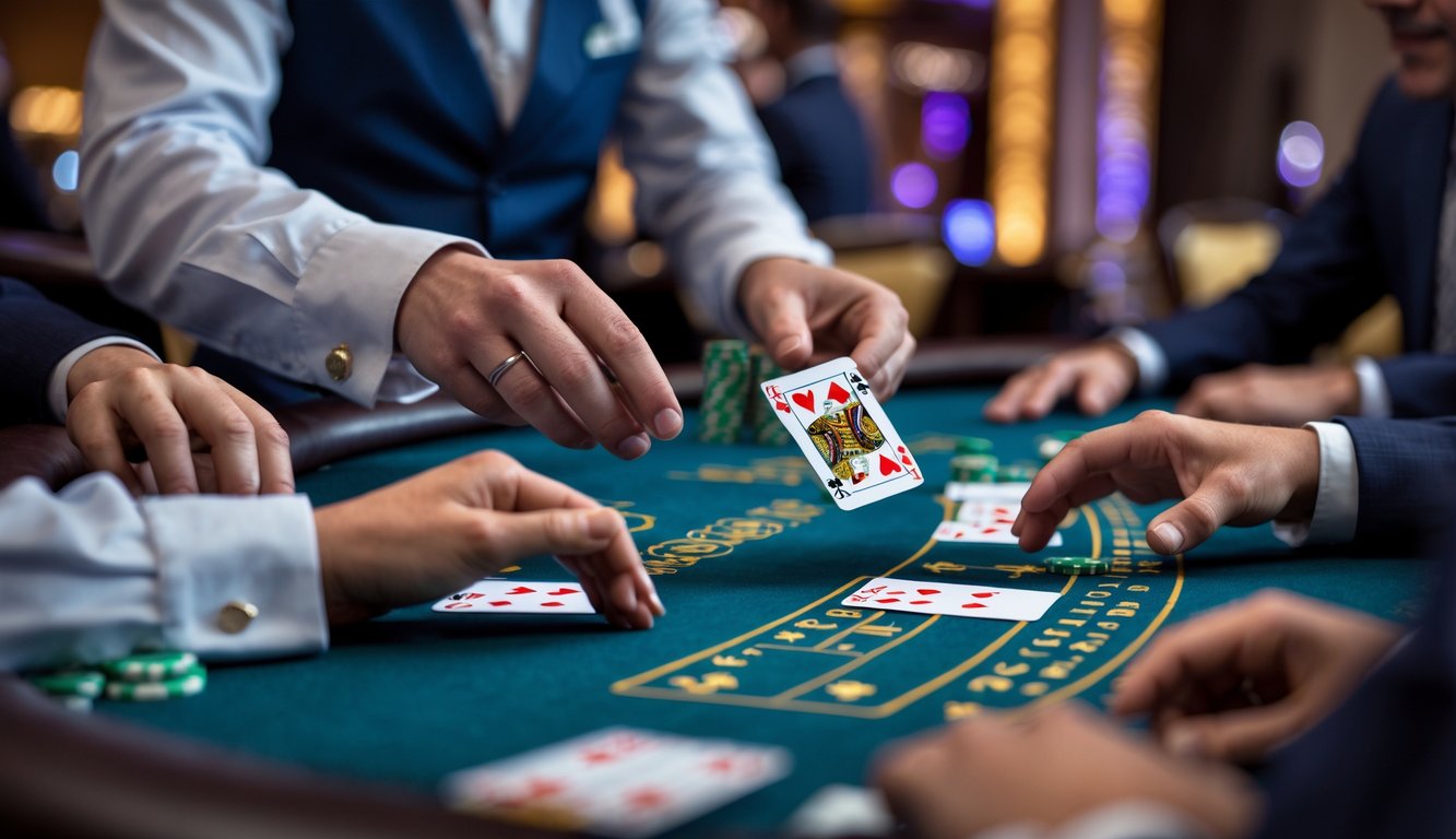 Meja blackjack dengan dealer dan pemain yang sedang bermain, menampilkan kartu dan keputusan hit atau stand.