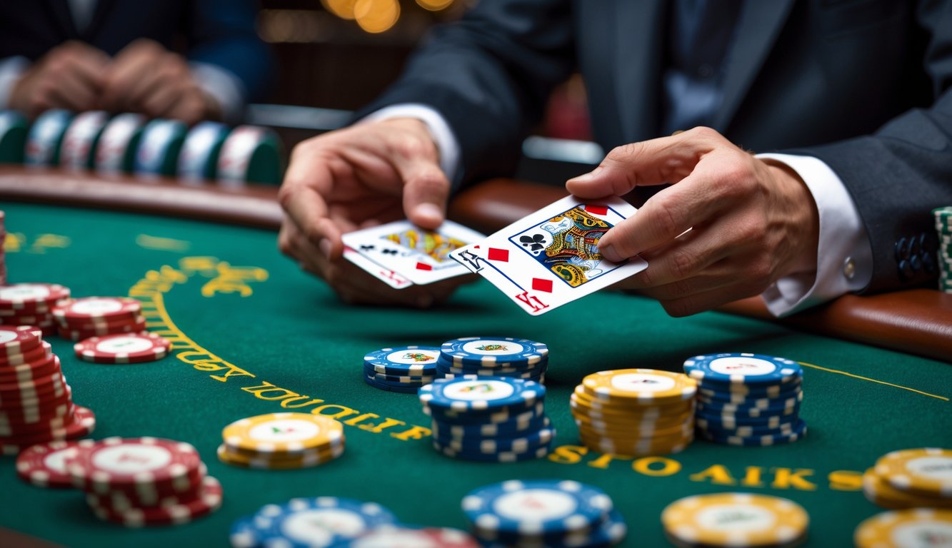 Tangan dealer sedang mengatur kartu di meja blackjack dengan tumpukan chip di atas meja.